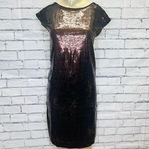 Anthropologie Womens Brown Maeve Kara Sequined Pullover Shift Mini Dress XS